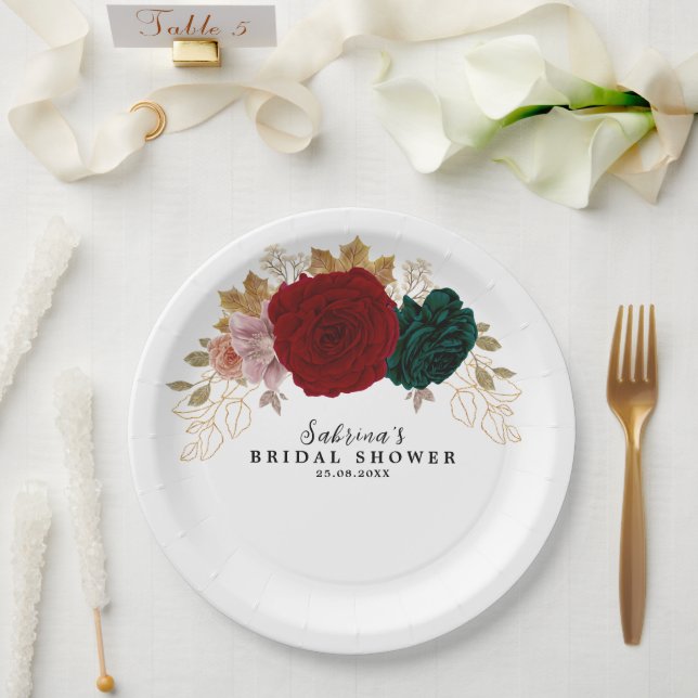 Autumnal Gold Burgundy Emerald Greeny Floral  Paper Plates (Wedding)