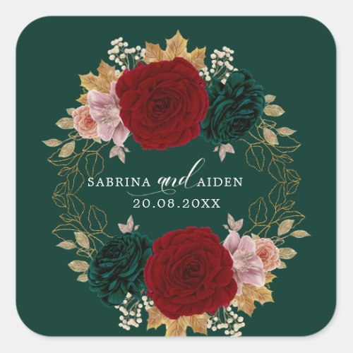 Autumnal Gold Burgundy Emerald Greeny Floral  Square Sticker