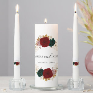 Autumnal Gold Burgundy Emerald Greeny Wedding Unity Candle Set