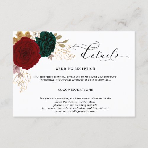 Autumnal Gold Burgundy Emerald Weddig Details Enclosure Card