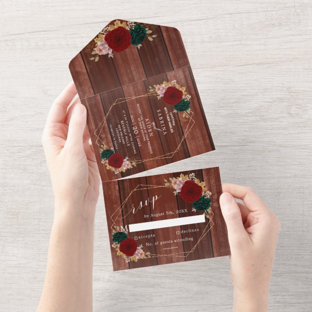 Autumnal Gold Burgundy Wooden Emerald Greeny  All In One Invitation (Tearaway)