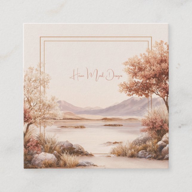 Autumnal Landscape Gold Frame Rustic Watercolor Square Business Card (Front)