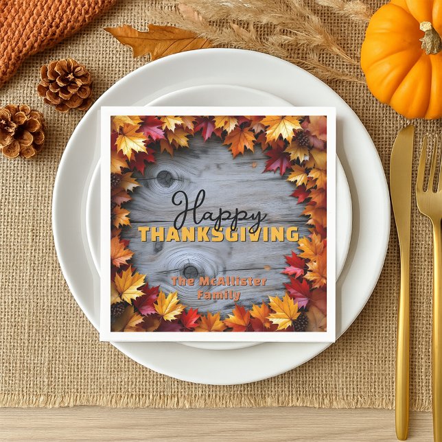Autumnal Leaves and Rustic Wood Grain Thanksgiving Napkins (Creator Uploaded)