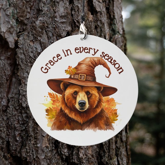 Autumnal Oak Guardian Bear Resilience & Grace Wind Chime (Grace in every season autumnal oak witchy wind chime brown bear watercolour art for change & hope)