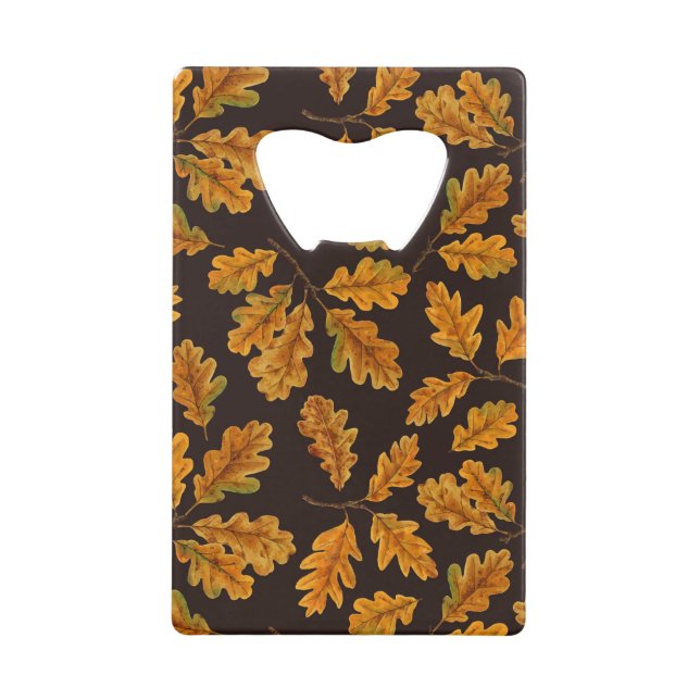 Autumnal oak leaves on dark brown credit card bottle opener (Front)