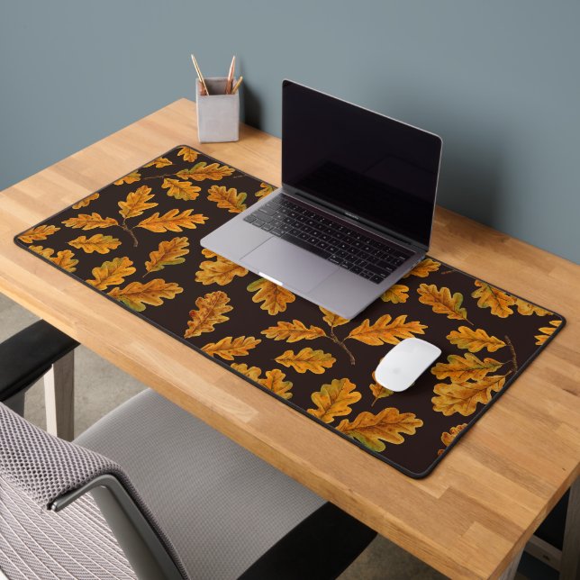 Autumnal oak leaves on dark brown desk mat (Office 2)