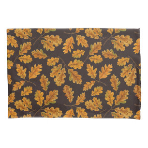 Autumnal oak leaves on dark brown pillow case
