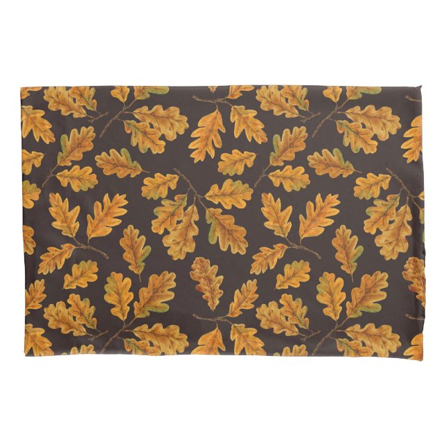 Autumnal oak leaves on dark brown pillow case (Front-Left)