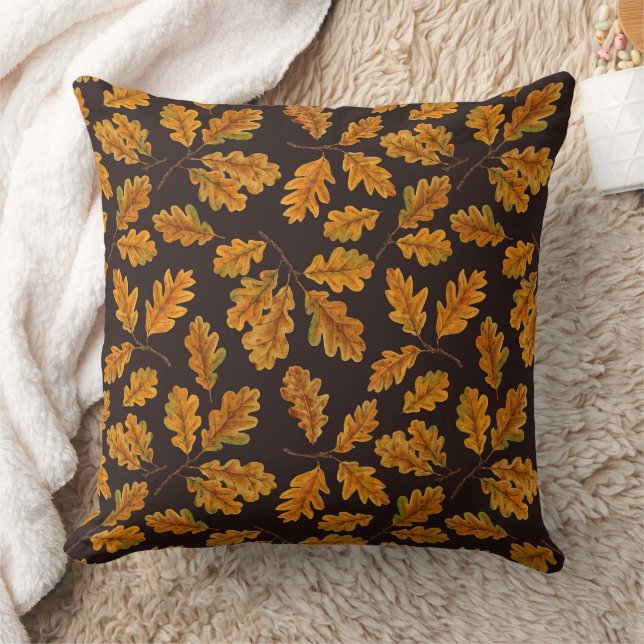 Autumnal oak leaves on dark brown throw pillow (Blanket)