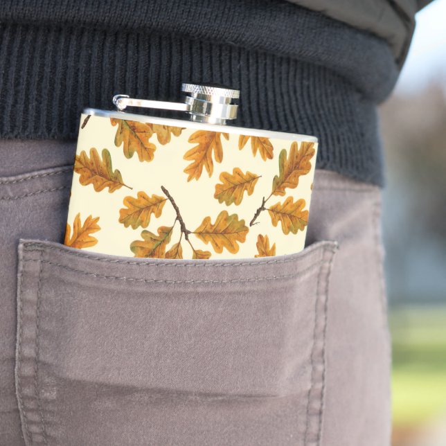 Autumnal oak leaves on off white flask (In Situ)