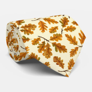 Autumnal oak leaves on off white neck tie