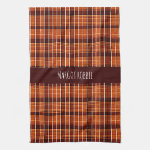 Autumnal Plaid Orange Brown Geometric Pattern Kitchen Towel