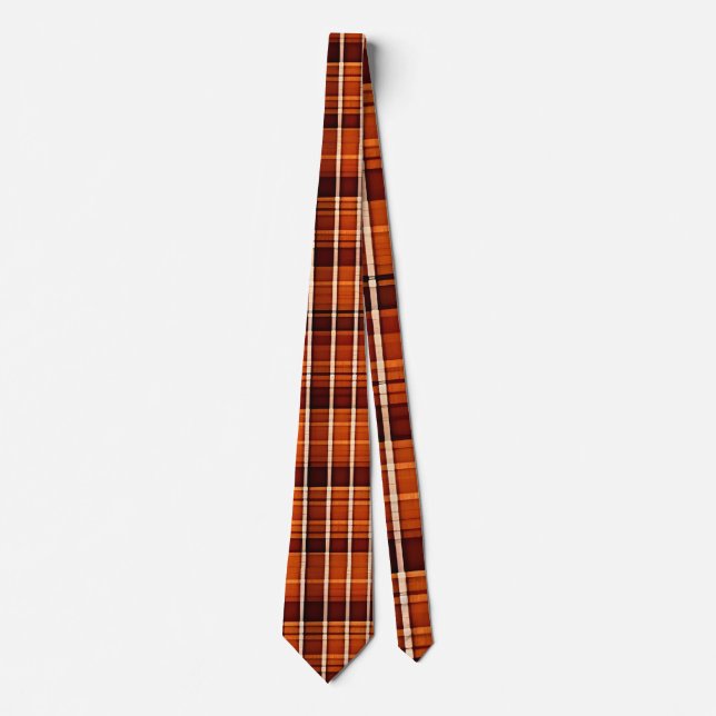 Autumnal Plaid Orange Brown Geometric Pattern Neck Tie (Front)