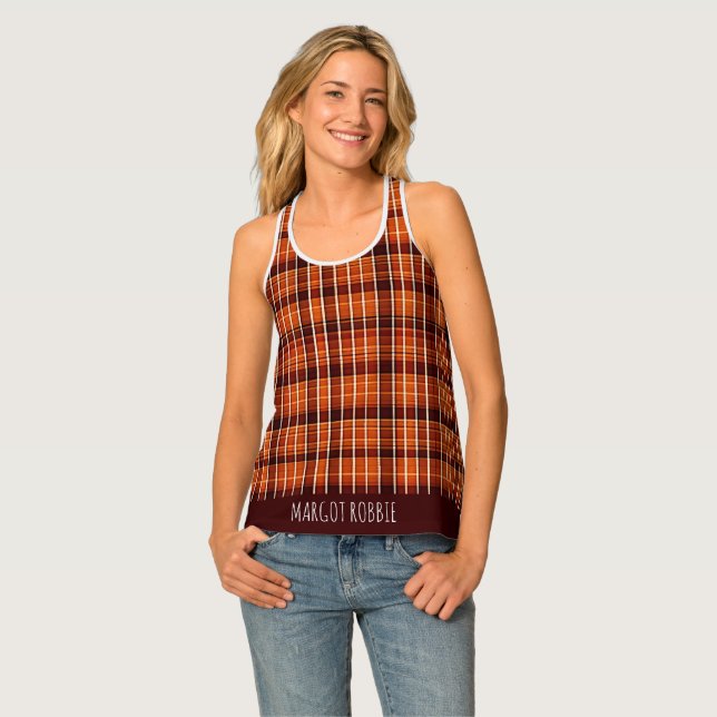 Autumnal Plaid Orange Brown Geometric Pattern Tank Top (Front Full)