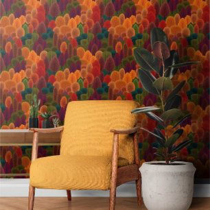 Autumnal Rusty Red Green and Orange Tree Pattern Wallpaper