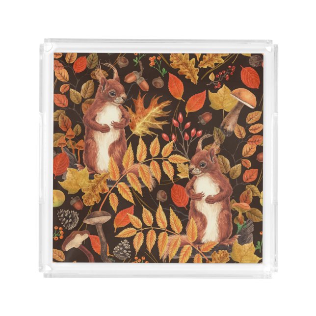 Autumnal squirrels and flora on dark brown acrylic tray (Front)