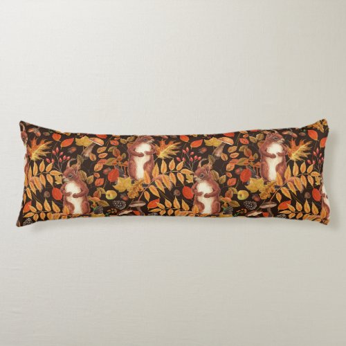 Autumnal squirrels and flora on dark brown body pillow