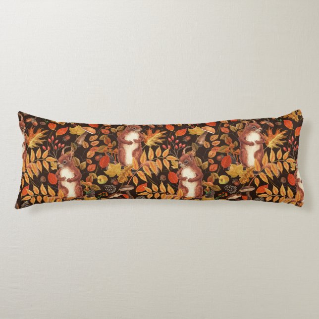 Autumnal squirrels and flora on dark brown body pillow (Front)