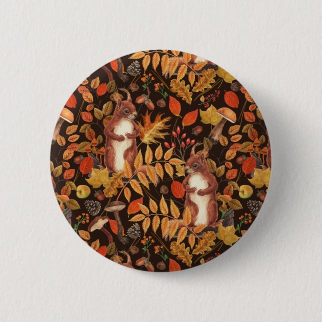 Autumnal squirrels and flora on dark brown button (Front)