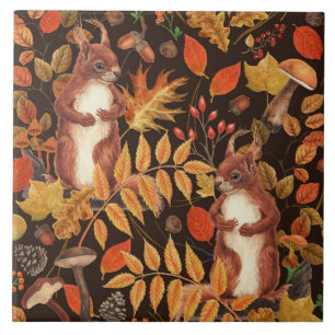 Autumnal squirrels and flora on dark brown ceramic tile