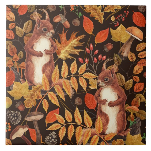 Autumnal squirrels and flora on dark brown ceramic tile (Front)