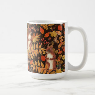Autumnal squirrels and flora on dark brown coffee mug