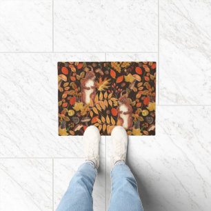 Autumnal squirrels and flora on dark brown doormat