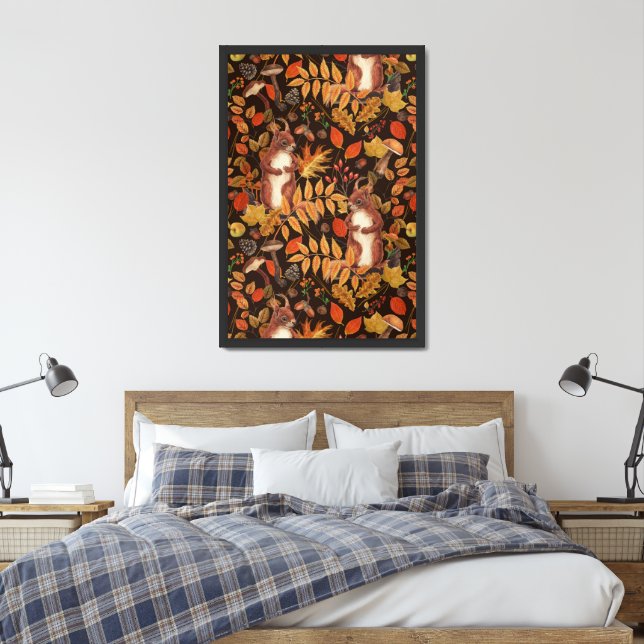 Autumnal squirrels and flora on dark brown framed art (Bedroom)