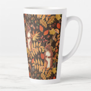 Autumnal squirrels and flora on dark brown latte mug