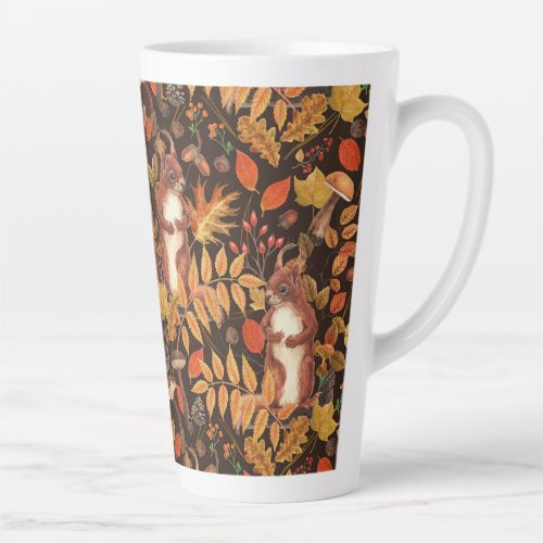 Autumnal squirrels and flora on dark brown latte mug