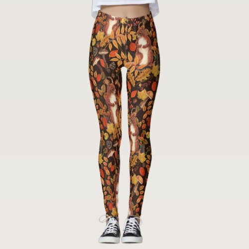 Autumnal squirrels and flora on dark brown leggings
