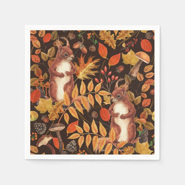 Autumnal squirrels and flora on dark brown napkins (Front)