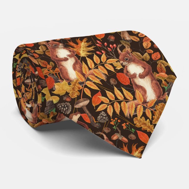 Autumnal squirrels and flora on dark brown neck tie (Rolled)