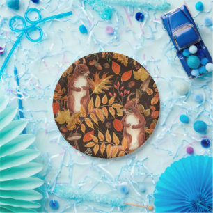 Autumnal squirrels and flora on dark brown paper plates