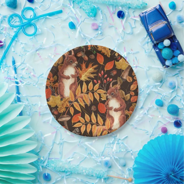 Autumnal squirrels and flora on dark brown paper plates (Party)