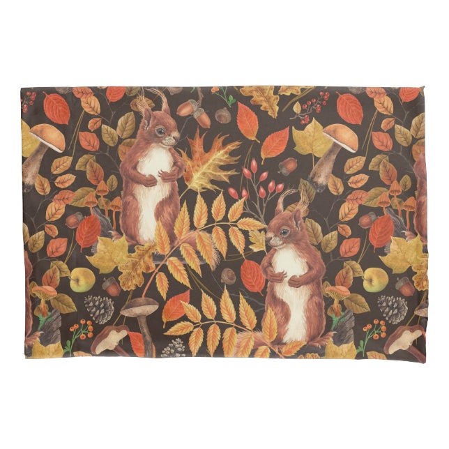 Autumnal squirrels and flora on dark brown pillow case (Front-Left)