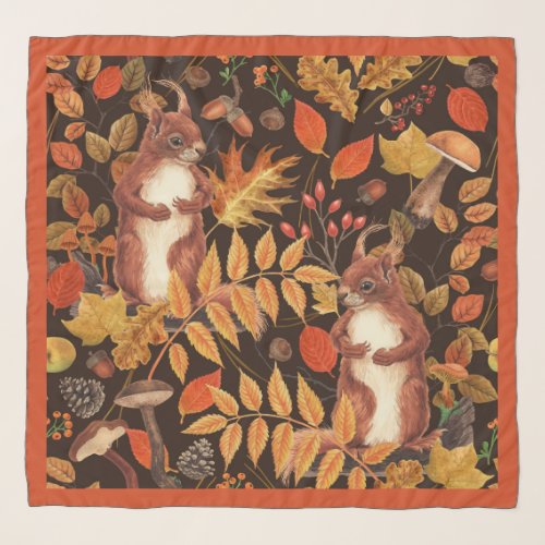 Autumnal squirrels and flora on dark brown scarf