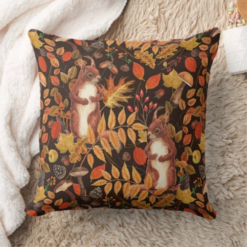 Autumnal squirrels and flora on dark brown throw pillow