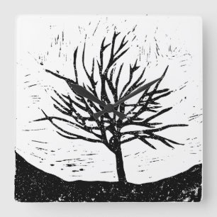 Autumnal Tree Lino Print Wall Clock