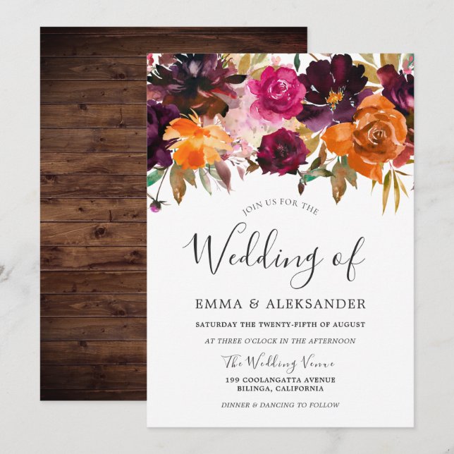 Autumns Dream: Rustic Autumn Fall Flowers Wedding Invitation (Front/Back)
