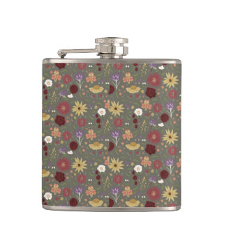 Autumn's Floral Embrace Green Background Flask