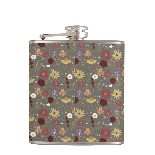 Autumn's Floral Embrace Green Background Flask (Front)