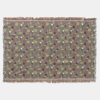 Autumn's Floral Embrace Green Background Throw Blanket