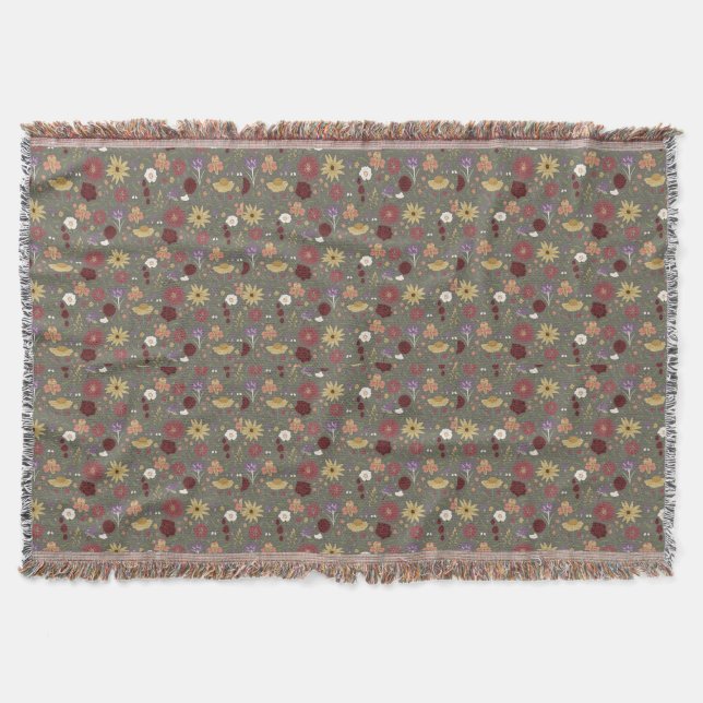 Autumn's Floral Embrace Green Background Throw Blanket (Front)
