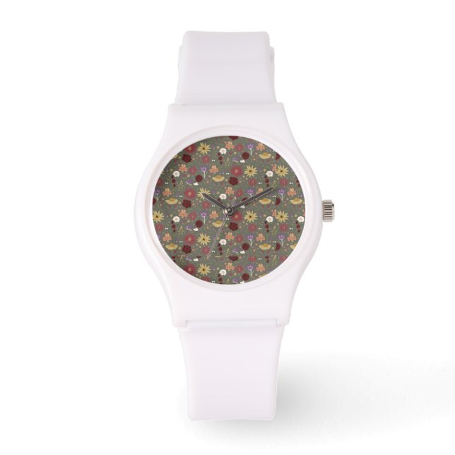 Autumn's Floral Embrace Green Background Watch (Front)