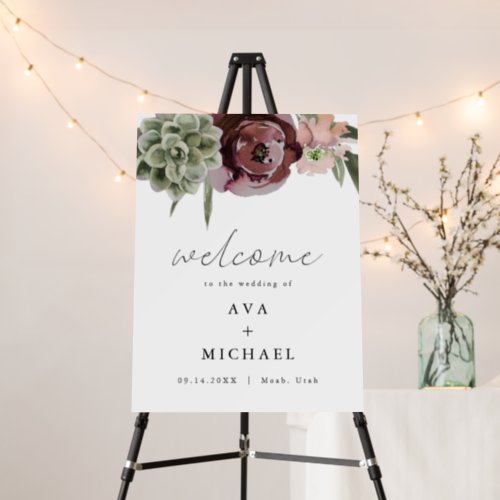 AVA Boho Burgundy Floral Succulent Wedding Welcome Foam Board