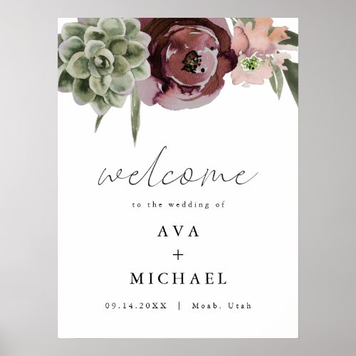 AVA Boho Burgundy Floral Succulent Wedding Welcome Poster