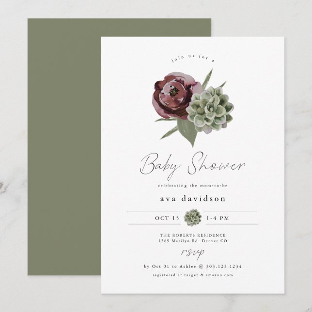 AVA Burgundy Floral Succulent Desert Baby Shower Invitation (Front/Back)