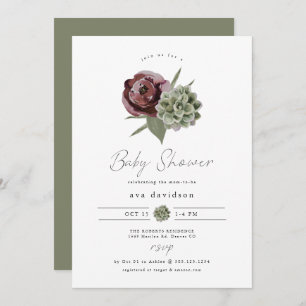 AVA Burgundy Floral Succulent Desert Baby Shower Invitation