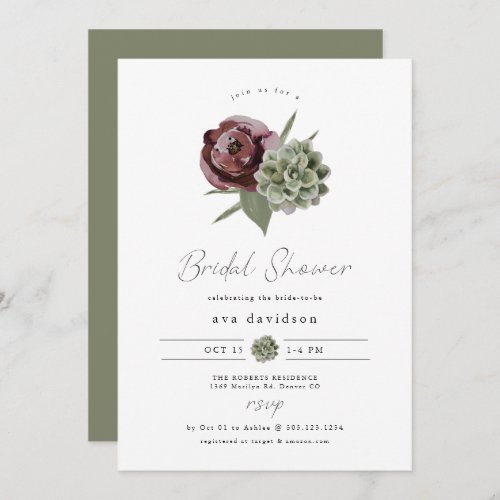 AVA Burgundy Floral Succulent Desert Bridal Shower Invitation